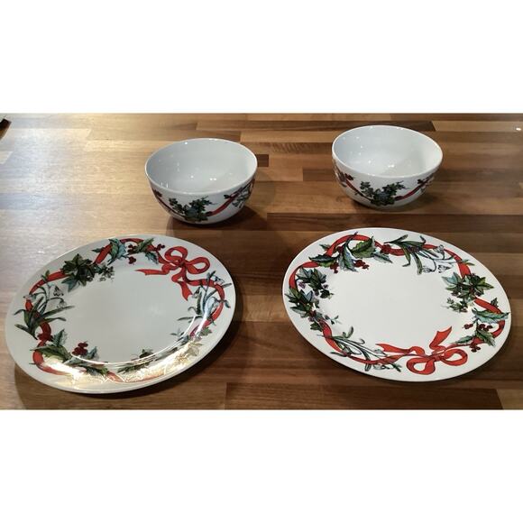 2 Brylane Home Christmas JOLLY TIME Salad Cereal Bowls/2 Salad Plates Ribbon - Picture 4 of 9